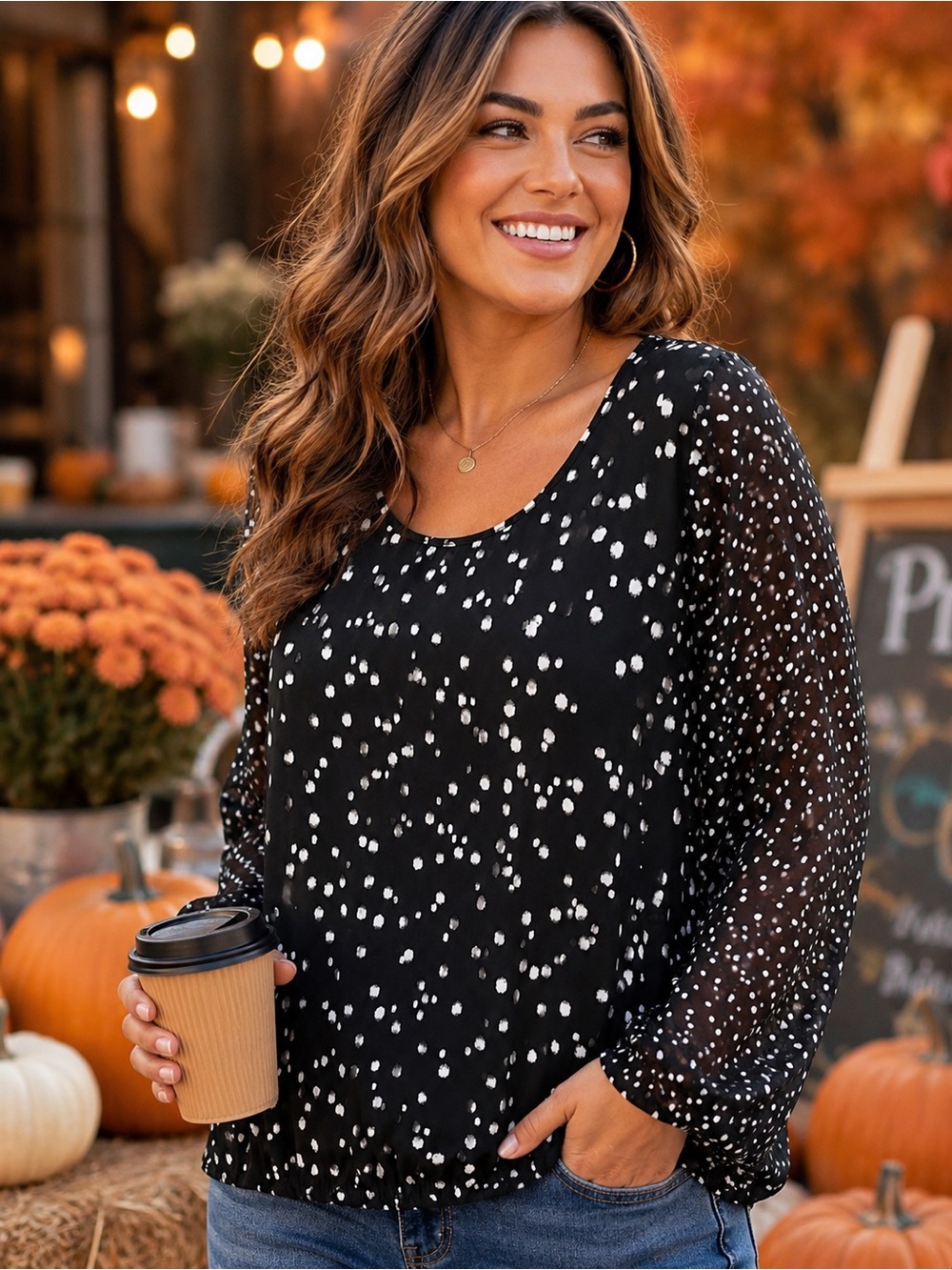 Dressbarn Woman 3X Black White Polka Dot Mixed Print Blouse Plus Size